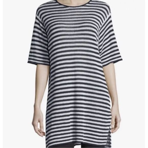 Eileen Fisher $188 Short Sleeve Striped Organic Linen‎ Tunic Graphite Grey White - Picture 1 of 10